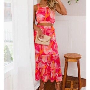 Sky to Moon Hot pink bungalow glow straight neck crop top midi maxi skirt set